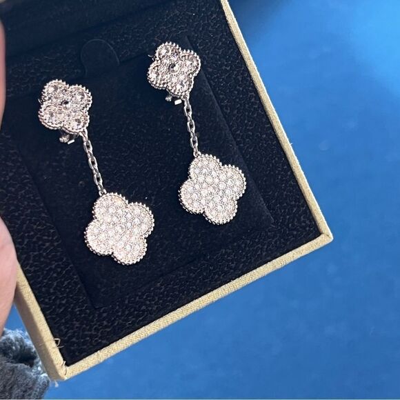 Silver Plated Lucky Alhambra Clover Drop Earrings with Crystal accents w… - Picture 7 of 10